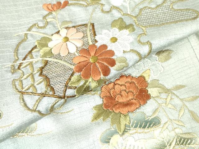 平和屋着物▽訪問着　単衣　刺繍　雪輪花松文　暈し染め　金彩　正絹　逸品　DABF3137op