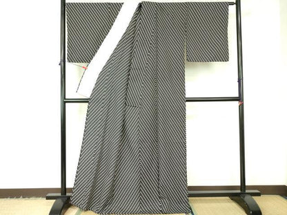 平和屋着物▽小紋　単衣　菱文　黒地　洗える着物　DABF3144op