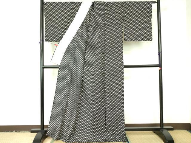 平和屋着物▽小紋　単衣　菱文　黒地　洗える着物　DABF3144op