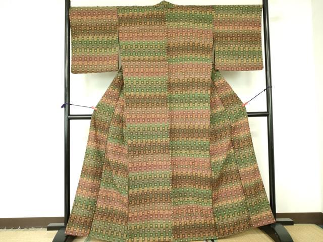 平和屋着物▽小紋　単衣　横段花文　洗える着物　DABF3147op