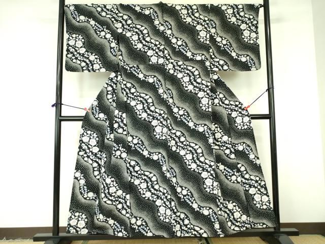 平和屋着物▽小紋　単衣　辻が花　黒地　洗える着物　DABF3149op