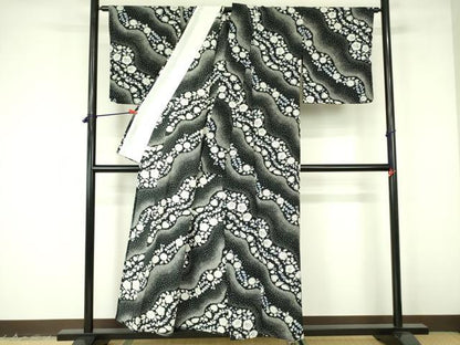 平和屋着物▽小紋　単衣　辻が花　黒地　洗える着物　DABF3149op