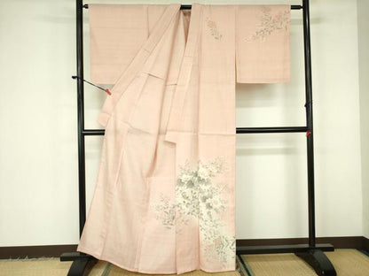 平和屋着物▽訪問着　単衣　紬地　手描き　草花　正絹　逸品　未使用　DABF3155op