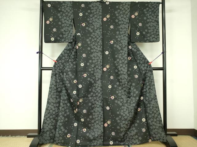 平和屋着物▽小紋　単衣　扇面花丸文　黒地　洗える着物　DABF3158op