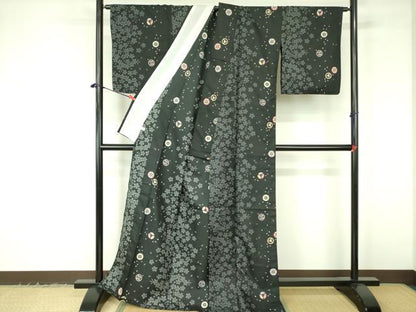 平和屋着物▽小紋　単衣　扇面花丸文　黒地　洗える着物　DABF3158op