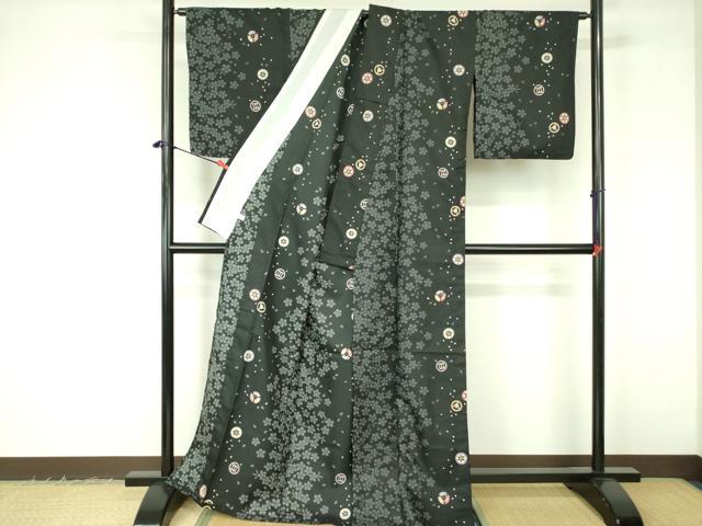 平和屋着物▽小紋　単衣　扇面花丸文　黒地　洗える着物　DABF3158op