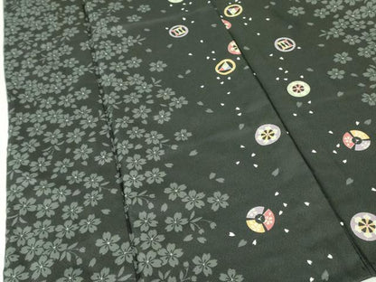 平和屋着物▽小紋　単衣　扇面花丸文　黒地　洗える着物　DABF3158op