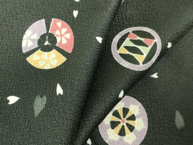平和屋着物▽小紋　単衣　扇面花丸文　黒地　洗える着物　DABF3158op