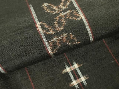 平和屋着物▽上質な紬 　単衣　絣花間道　黒地　正絹　逸品　未使用　DABF3164op