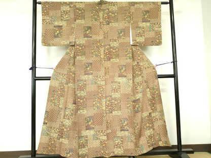 平和屋着物▽上質な小紋　単衣　型染　風景花文　正絹　逸品　DABF3166op