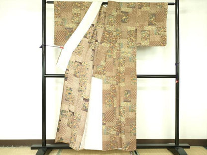 平和屋着物▽上質な小紋　単衣　型染　風景花文　正絹　逸品　DABF3166op