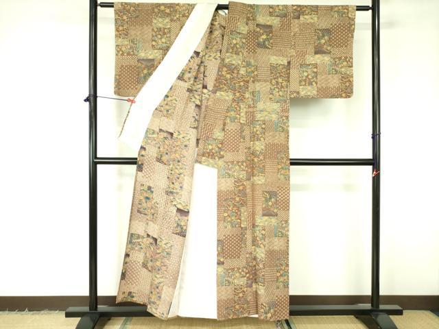 平和屋着物▽上質な小紋　単衣　型染　風景花文　正絹　逸品　DABF3166op