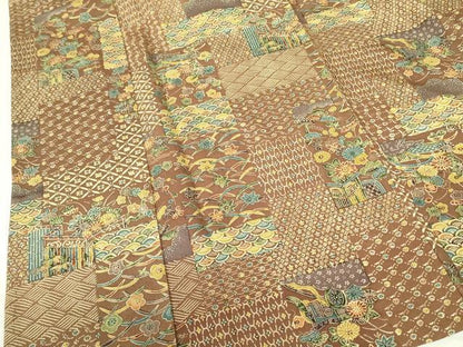 平和屋着物▽上質な小紋　単衣　型染　風景花文　正絹　逸品　DABF3166op