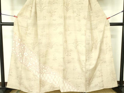 平和屋着物▽訪問着　単衣　生紬　絞り　花唐草文　正絹　逸品　DABF3169op