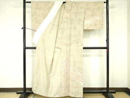 平和屋着物▽訪問着　単衣　生紬　絞り　花唐草文　正絹　逸品　DABF3169op