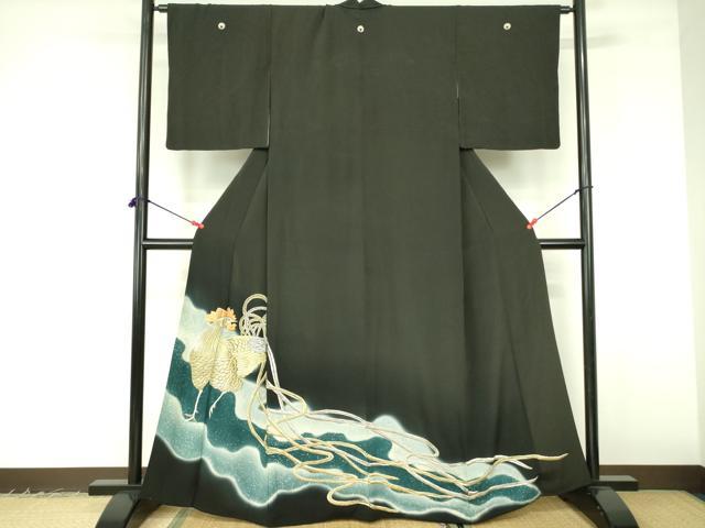 平和屋着物▼豪華黒留袖 刺繍 鶏 ニワトリ 暈し染め 金銀糸 正絹 逸品 DABF3219op