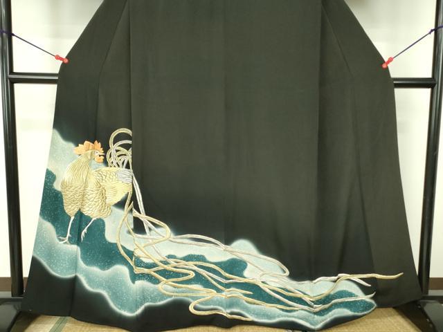 平和屋着物▼豪華黒留袖 刺繍 鶏 ニワトリ 暈し染め 金銀糸 正絹 逸品 DABF3219op
