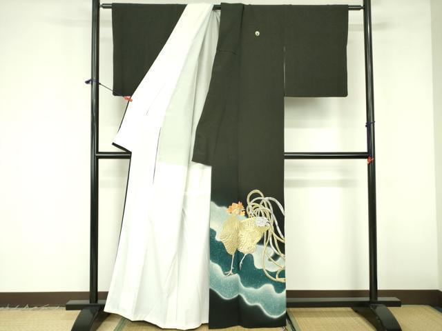平和屋着物▼豪華黒留袖 刺繍 鶏 ニワトリ 暈し染め 金銀糸 正絹 逸品 DABF3219op
