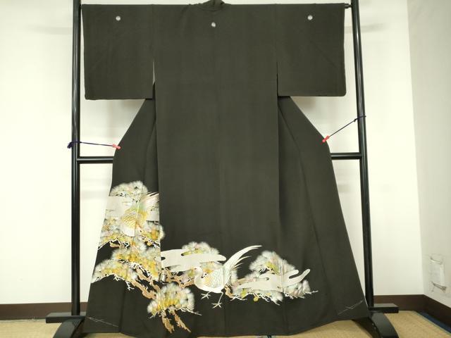 平和屋着物▼豪華黒留袖 総刺繍 尾長鳥 松葉文 金銀糸 正絹 逸品 DABF3275op