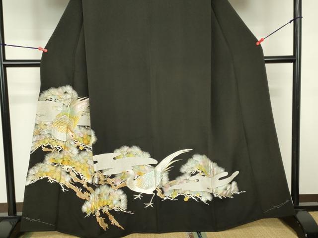平和屋着物▼豪華黒留袖 総刺繍 尾長鳥 松葉文 金銀糸 正絹 逸品 DABF3275op