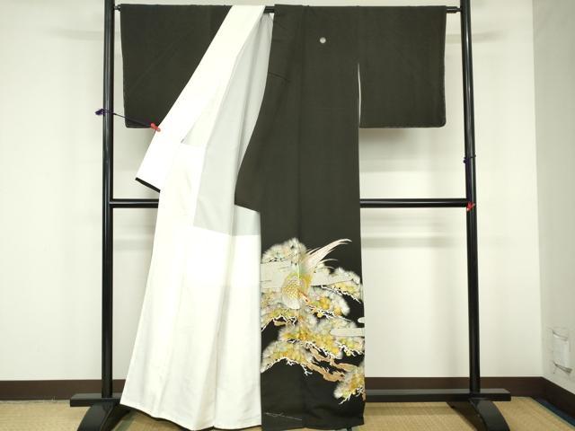 平和屋着物▼豪華黒留袖 総刺繍 尾長鳥 松葉文 金銀糸 正絹 逸品 DABF3275op