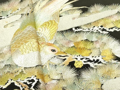 平和屋着物▼豪華黒留袖 総刺繍 尾長鳥 松葉文 金銀糸 正絹 逸品 DABF3275op