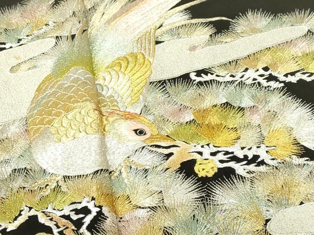 平和屋着物▼豪華黒留袖 総刺繍 尾長鳥 松葉文 金銀糸 正絹 逸品 DABF3275op