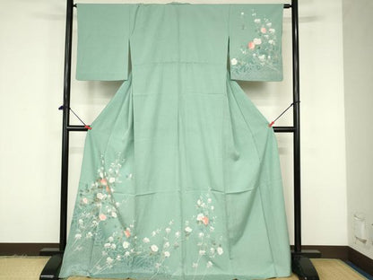 平和屋着物▽訪問着　単衣　友禅　草花　ロング丈　正絹　逸品　DABF3283op