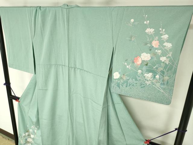 平和屋着物▽訪問着　単衣　友禅　草花　ロング丈　正絹　逸品　DABF3283op