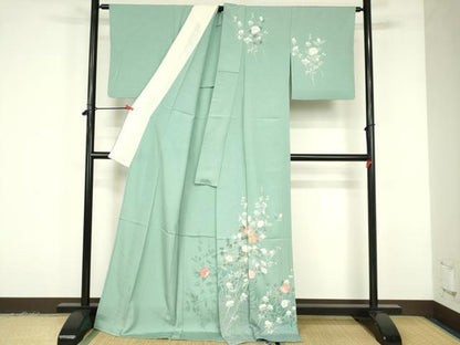 平和屋着物▽訪問着　単衣　友禅　草花　ロング丈　正絹　逸品　DABF3283op