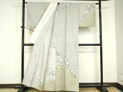 平和屋着物▽十日町友禅作家　越村幸雪　訪問着　単衣　白山紬　枝花文　暈し染め　正絹　逸品　DABF3284op