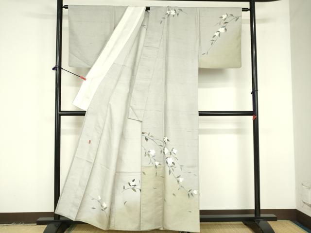 平和屋着物▽十日町友禅作家　越村幸雪　訪問着　単衣　白山紬　枝花文　暈し染め　正絹　逸品　DABF3284op