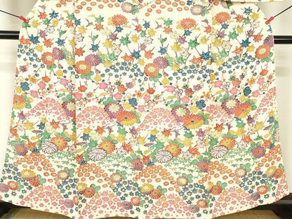 平和屋着物▽訪問着　単衣　型染　菊　枝梅　正絹　逸品　DABF3287op