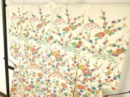 平和屋着物▽訪問着　単衣　型染　菊　枝梅　正絹　逸品　DABF3287op
