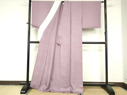 平和屋着物▽上質な色無地　単衣　草花地紋　浅紫色　ロング丈　正絹　逸品　DABF3289op