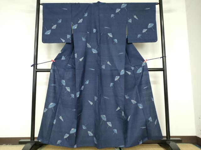 平和屋着物▽小千谷紬　単衣　番傘　正絹　逸品　DABF3292op