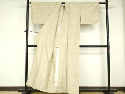 平和屋着物▽上質な紬　単衣　幾何学文様　正絹　逸品　DABF3295op