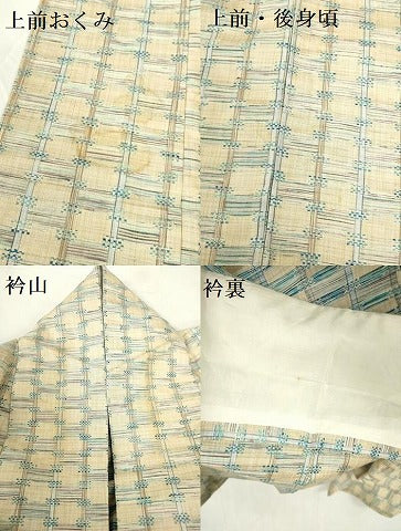 平和屋着物▽上質な紬　単衣　花織　幾何学文様　正絹　逸品　DABF3298op