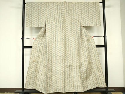 平和屋着物▽上質な紬　単衣　花織　幾何学文様　正絹　逸品　DABF3298op