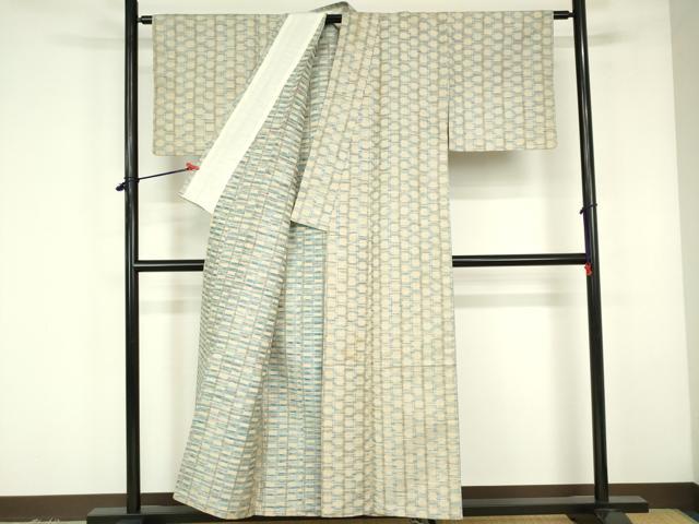 平和屋着物▽上質な紬　単衣　花織　幾何学文様　正絹　逸品　DABF3298op