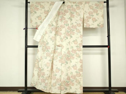 平和屋着物▽本場眞綿紬　単衣　更紗花文　証紙付き　正絹　逸品　DABF3300op