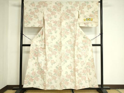 平和屋着物▽本場眞綿紬　単衣　更紗花文　証紙付き　正絹　逸品　DABF3300op