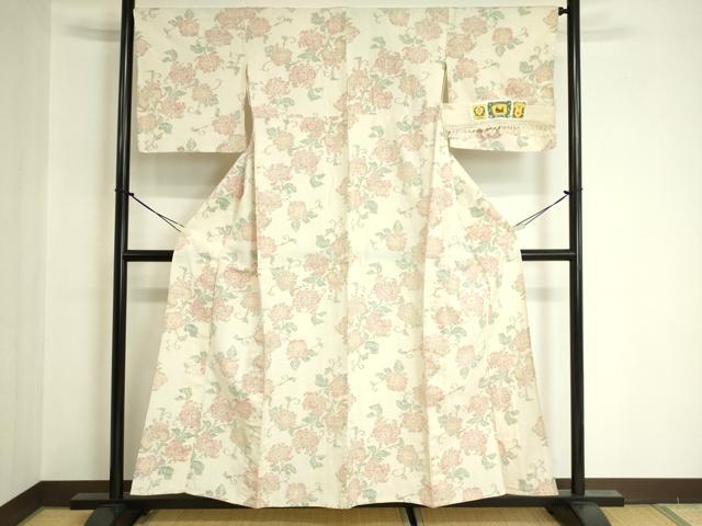 平和屋着物▽本場眞綿紬　単衣　更紗花文　証紙付き　正絹　逸品　DABF3300op