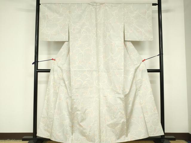 平和屋着物▽上質な紬　単衣　唐草　正絹　逸品　DABF3303op