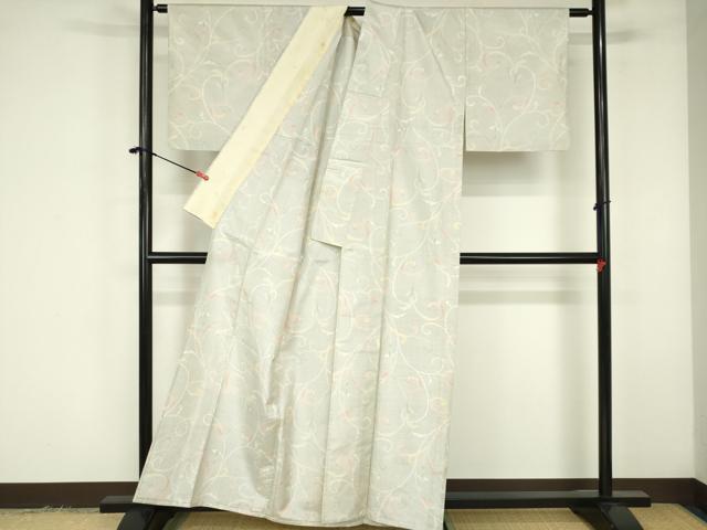 平和屋着物▽上質な紬　単衣　唐草　正絹　逸品　DABF3303op