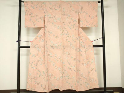 平和屋着物▽上質な小紋　単衣　更紗花文　鬼しぼ縮緬　正絹　逸品　DABF3307op