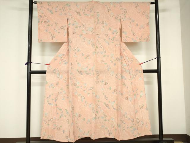 平和屋着物▽上質な小紋　単衣　更紗花文　鬼しぼ縮緬　正絹　逸品　DABF3307op