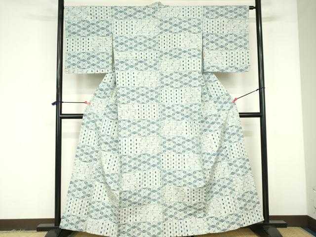 平和屋着物▽上質な紬　単衣　麻の葉文様　正絹　逸品　DABF3308op