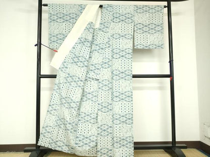 平和屋着物▽上質な紬　単衣　麻の葉文様　正絹　逸品　DABF3308op