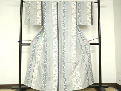 平和屋着物▽小千谷紬　単衣　花間道　正絹　逸品　DABF3309op